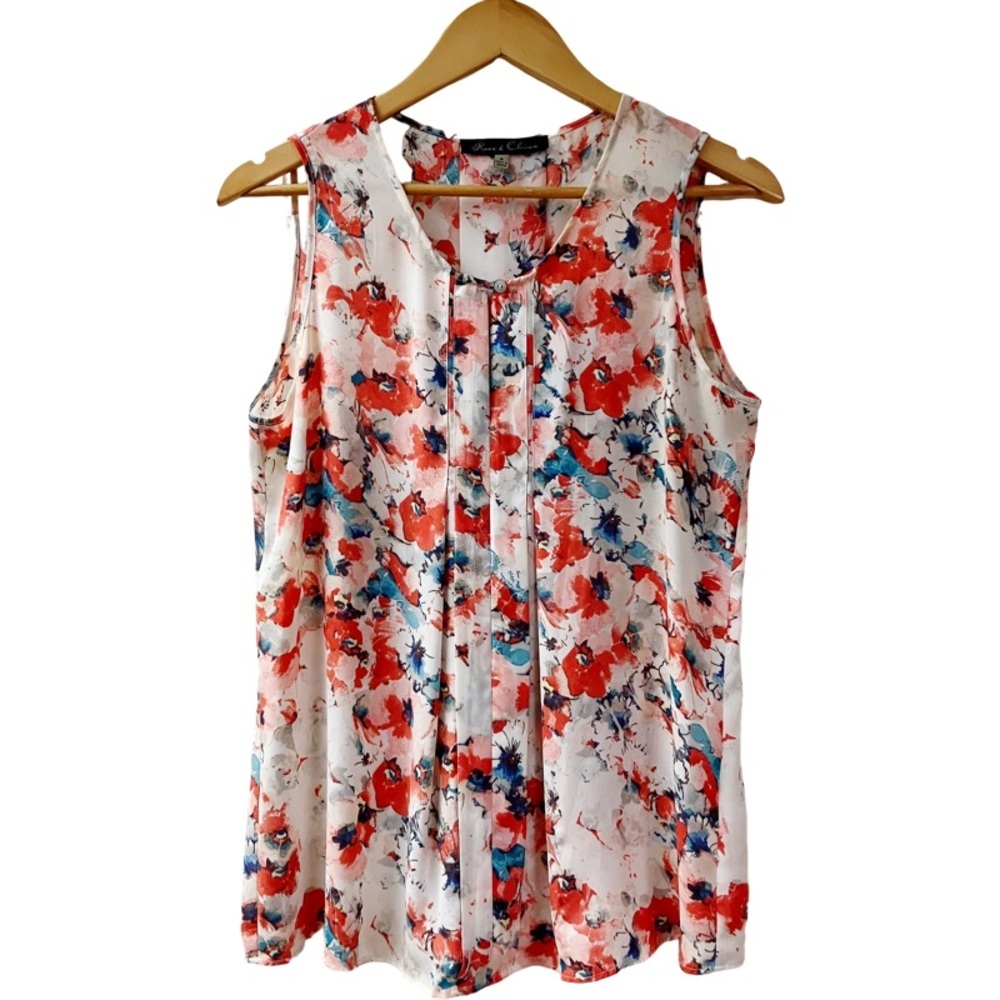 ROSE & OLVE Chiffon Floral Blouse Keyhole Pleated Sleeveless SIZE Medium